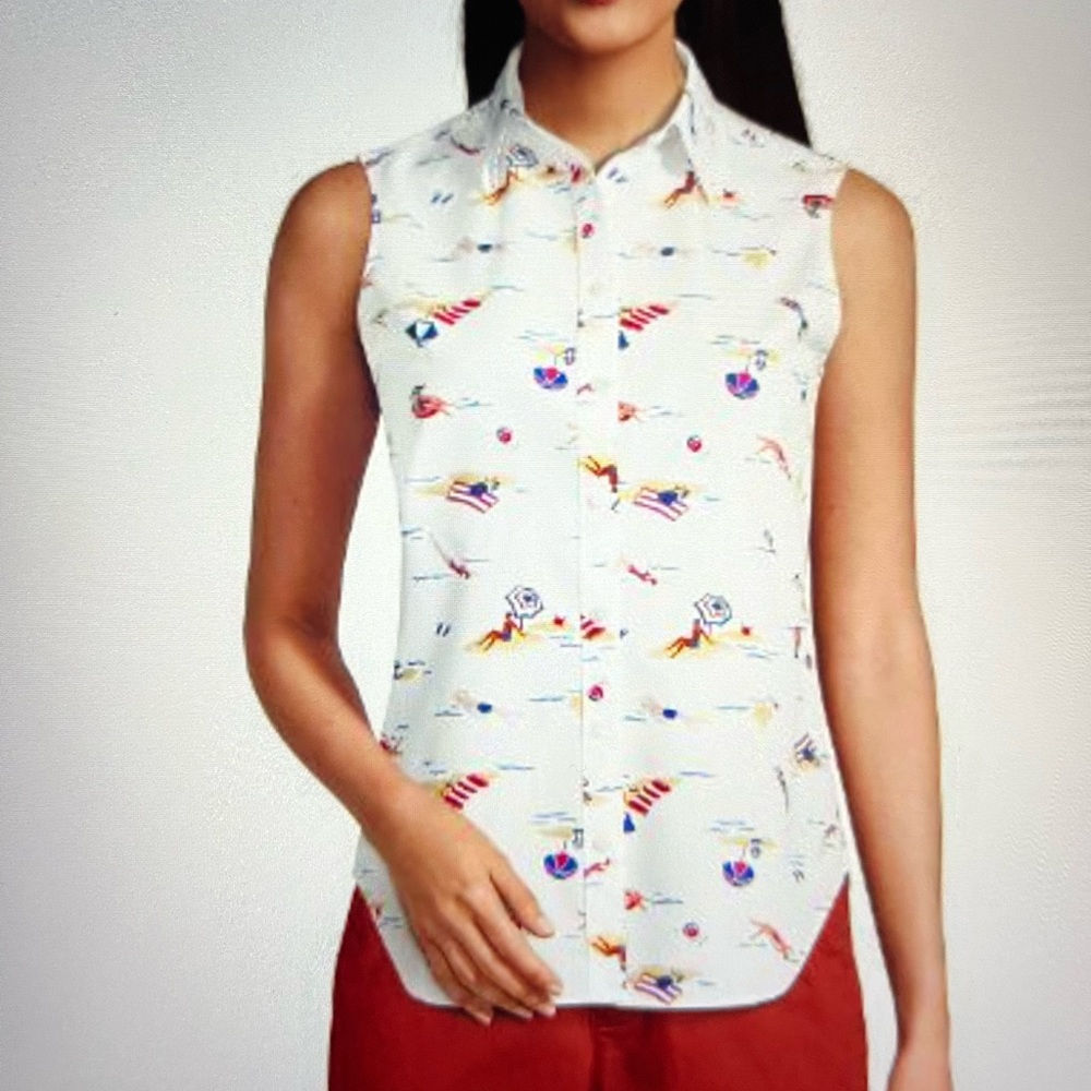 New Land’s End coastal beach theme sleeveless button down top. Size 14